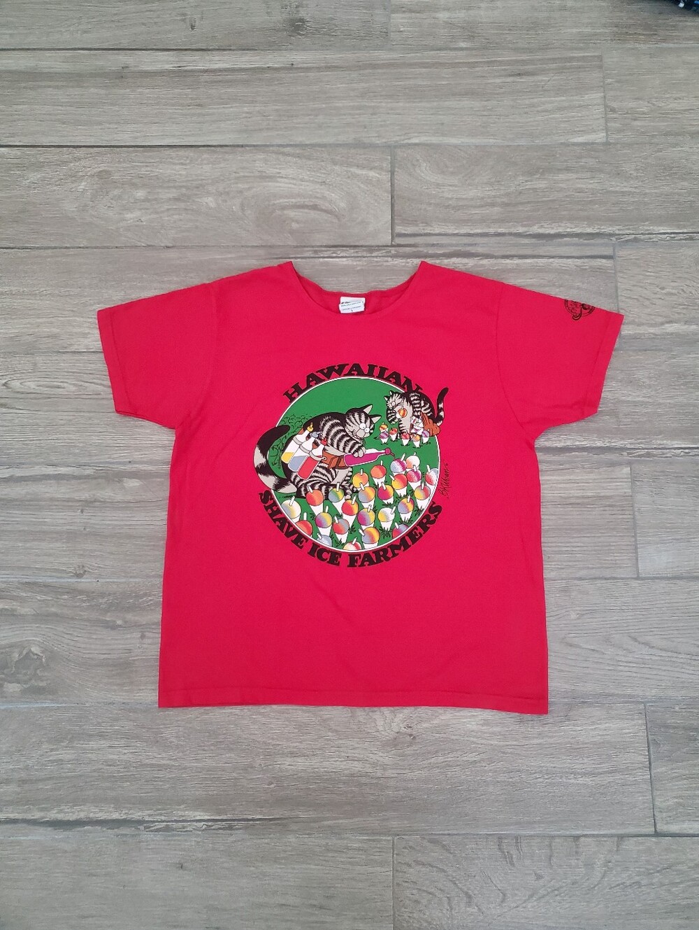 Crazy Shirts 100% cotton red Hawaiian shave ice farmers Kliban cat tee size S